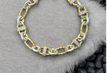 Load image into Gallery viewer, Tat2 Ravelle hammered link bracelet with two-tone metallic chain and diamond-accented connectors