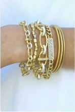 Load image into Gallery viewer, Tat2 Ravelle Hammered Bracelet stacked with layered chain and wrap bracelets on wrist
