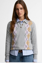 Load image into Gallery viewer, Barbour Fawne grey merino wool argyle knitted polo sweater with pastel diamond pattern