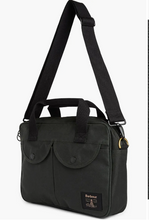 Load image into Gallery viewer, Barbour Field Wax dark green laptop bag with crossbody strap and front pockets