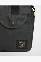 Load image into Gallery viewer, Barbour Field Wax dark sage laptop bag with snap pocket and logo patch