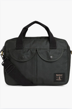Load image into Gallery viewer, Barbour Field Wax sage green laptop bag with dual front pockets and shoulder strap