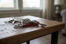 Load image into Gallery viewer, A red canvas keychain featuring the Georgia Bulldogs logo in black and white, attached to a brown leather tab with an embossed 'S&amp;E' monogram, and finished with two silver metal key rings.