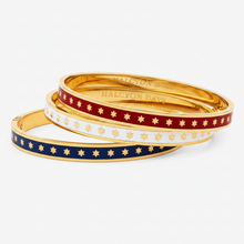 Load image into Gallery viewer, Halcyon Days enamel hinged bangle with gold star pattern, shown stacked with complementary bangles