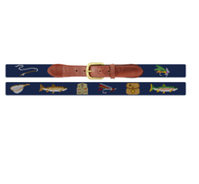 Load image into Gallery viewer, Needlepoint belt featuring fly fishing motifs including flies, fish, and tackle box