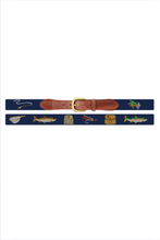 Load image into Gallery viewer, Navy needlepoint fly fishing belt with brass buckle and leather tab