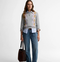 Load image into Gallery viewer, Barbour Fawne grey argyle knit sweater with polo collar and button placket