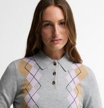 Load image into Gallery viewer, Barbour Fawne grey argyle knit polo sweater with tan and lavender diamond pattern