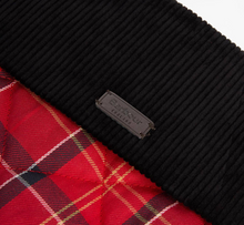 Load image into Gallery viewer, Barbour England leather patch on black corduroy and red tartan Christmas stocking