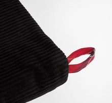 Load image into Gallery viewer, Black corduroy Christmas stocking with red tartan hanging loop detail