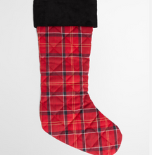 Load image into Gallery viewer, Barbour red tartan quilted Christmas stocking with black corduroy cuff