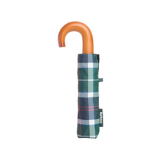 Load image into Gallery viewer, Barbour Tartan Mini Umbrella with classic plaid pattern and curved wooden-style handle