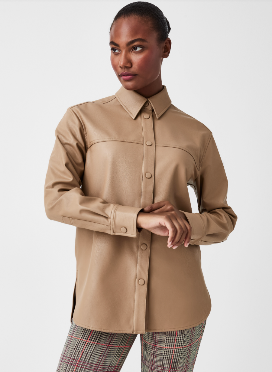 Spanx Leather Like Long Sleeve Shirt Toffee – The Blue Collection