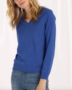 Minnie Rose Cashmere V-Neck Frayed Edge Sweater Cosmic Blue