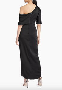 Theia Rayna One Shoulder Draped Gown Black