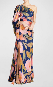 Theia Tori Drapped One Shoulder Gown Nocturnal Peonies