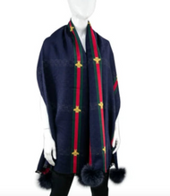 Load image into Gallery viewer, Scarf Navy Bees &amp; Fox Poms