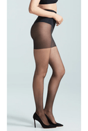 Black sheer control tights with smoothing waistband worn with black heels, side view