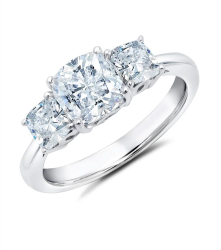 Crislu Three Stone Cushion Cut Ring Pure Platinum