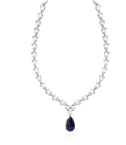 Crislu Classic Pear Tennis Necklace Finished in Pure Platinum With Sapphire - 16