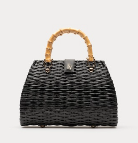 Frances Valentine Rooster Wicker Handbag With Bamboo Handles Black