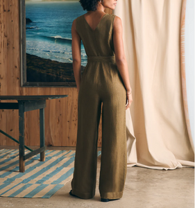 Faherty Alina Linen Jumpsuit Military Olive