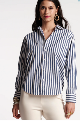 Frances Valentine Perfect Button Down Stripe Cotton Poplin Navy/White