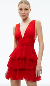 Alice + Olivia Holly Asymm  Ruffle Mini Dress Bright Ruby