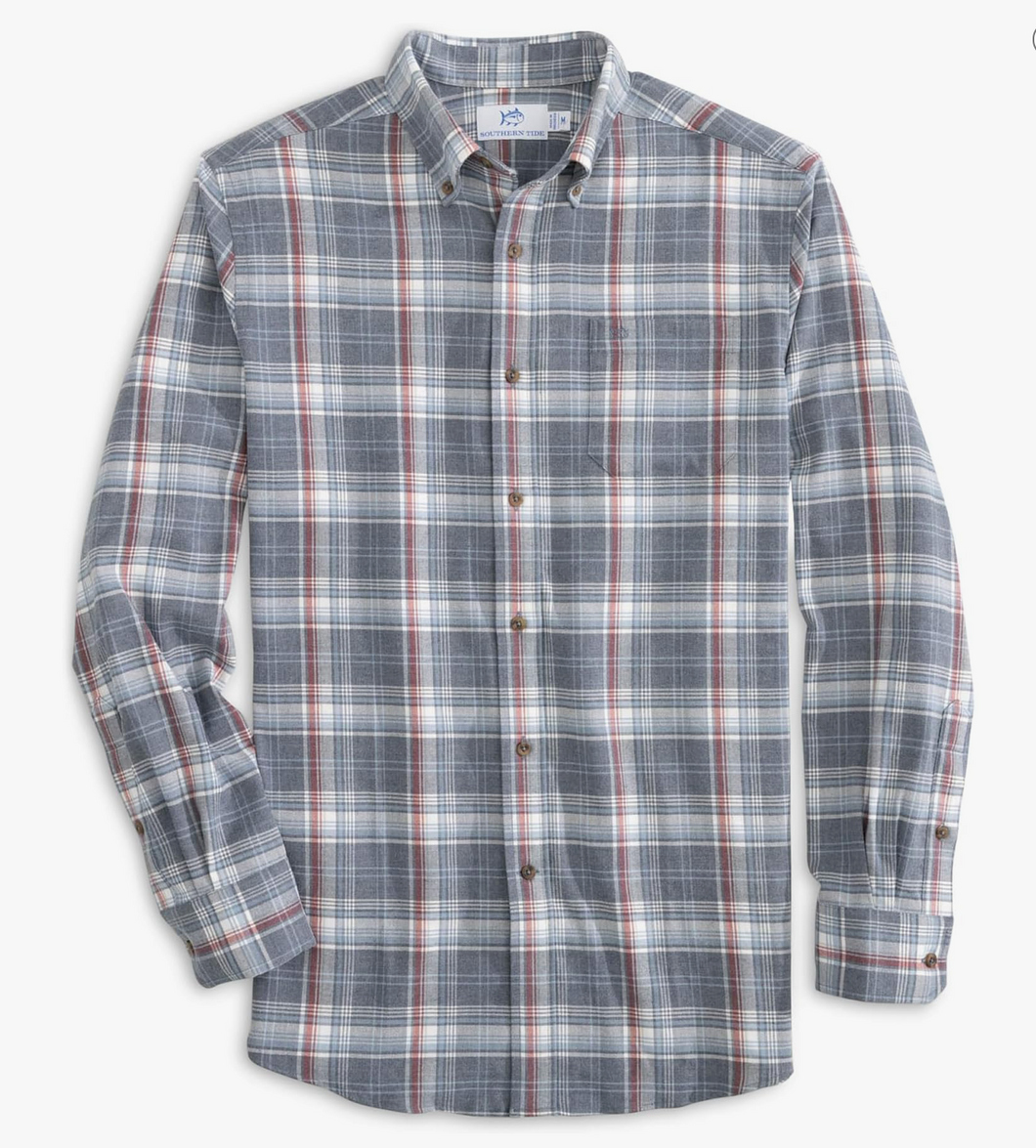 Southern Tide Plaid Flannel Sports Shirt Heather Blue