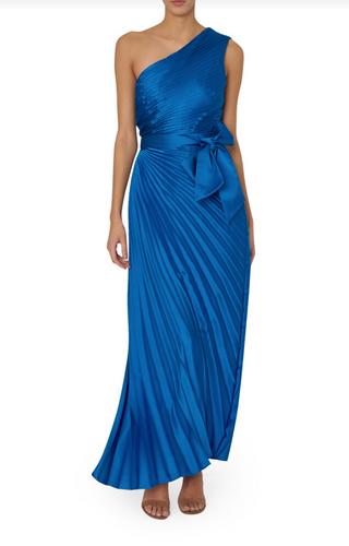 Milly Estelle Pleated Satin Maxi Dress Blue