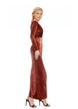 Load image into Gallery viewer, Jewel Twist Velvet LS Gown Burnt Orange