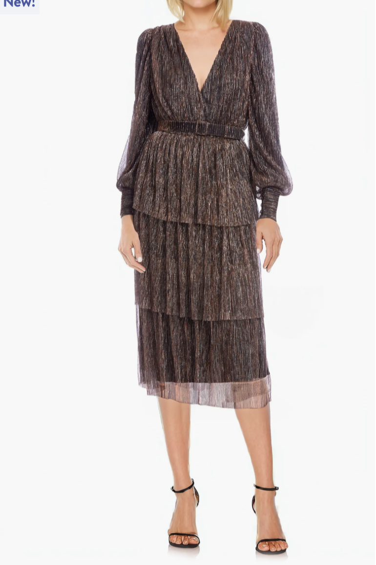 Jewel Copper Stripe LS Tiered Cocktail Dress