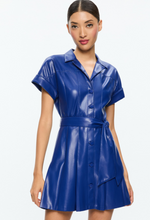 Load image into Gallery viewer, Alice + Olivia Shirley Vegan Leather Short Sleeve Mini Dress Royal Sea