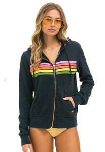 Aviator Nation 5 Stripe Zip Hoodie Charcoal Pink Green