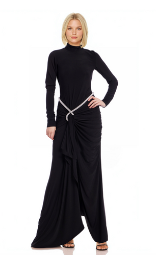 Jewel by Badgley Mischka Christina Long Sleeve Belted Gown Black