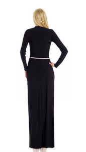 Jewel by Badgley Mischka Christina Long Sleeve Belted Gown Black