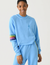 Load image into Gallery viewer, Aviator Nation Bolt Rugby Stitch Cropped Crew Sweatshirt Sky Rainbow