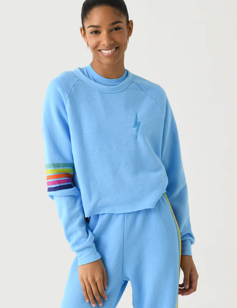 Aviator Nation Bolt Rugby Stitch Cropped Crew Sweatshirt Sky Rainbow