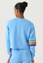 Load image into Gallery viewer, Aviator Nation Bolt Rugby Stitch Cropped Crew Sweatshirt Sky Rainbow