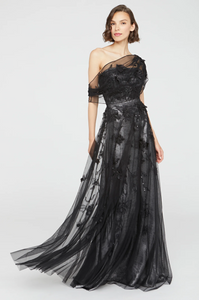 Theia Lenora Petal Embroideried Gown Black/Gunmetal