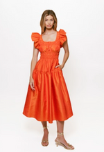 Load image into Gallery viewer, Vanessa Midi Dress Tangerine Ruched Metallic