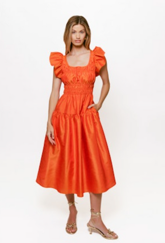 Vanessa Midi Dress Tangerine Ruched Metallic