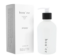 Load image into Gallery viewer, Bou'ee Poppy scented body oil 240ml white frosted glass pump bottle with box