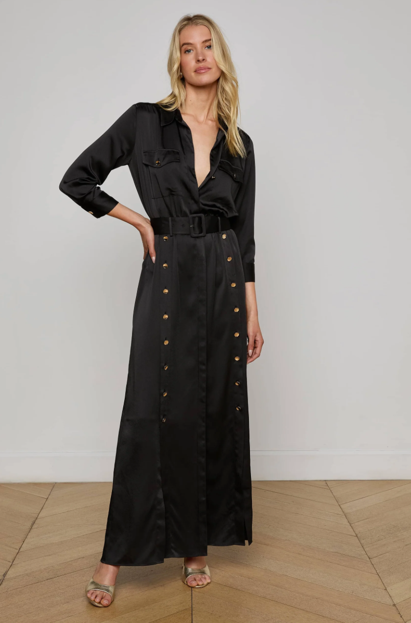 black maxi shirt dress boohoo Women's Satin Drape Waist Long Sleeve in length dress featuring a slimming silhouette Ashirexll Long Sleeve Maxi Dress,