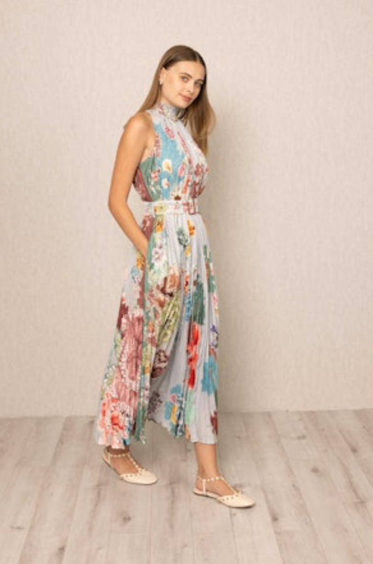Malaga Pleated Dress Grey Blooms
