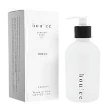 Load image into Gallery viewer, Bou'ee Muse scented body oil in frosted glass pump bottle with white box 240ml