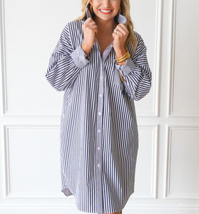 Frances Dress Charcoal Stripe
