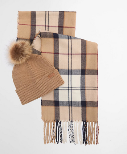 Barbour Tan Beanie & Hailes Scarf Set