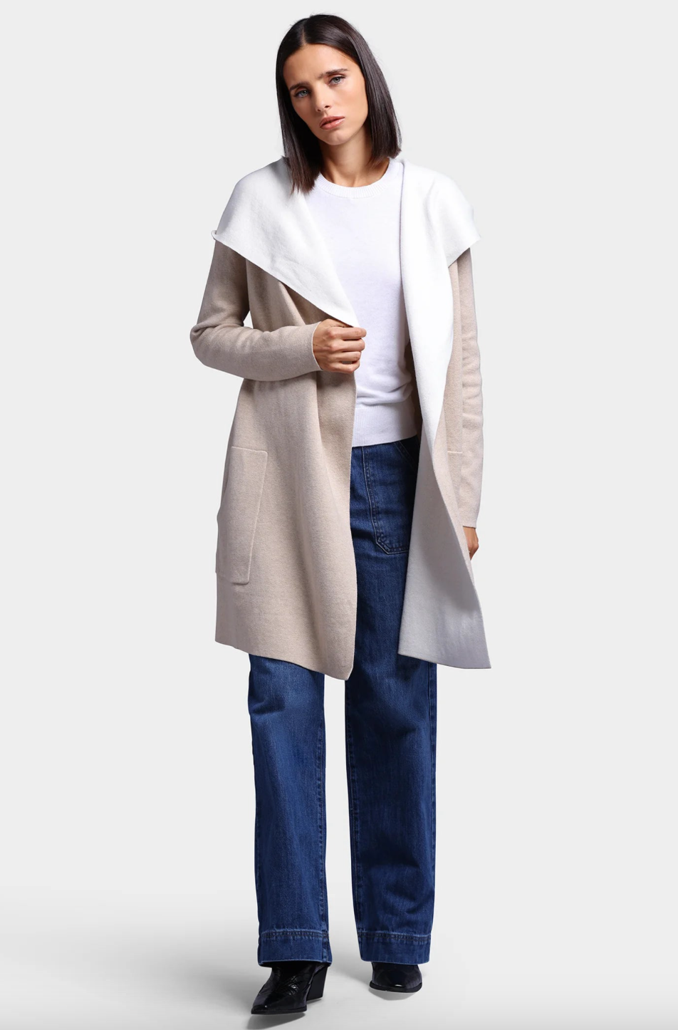 Reversible Hooded Cardigan Tan/White