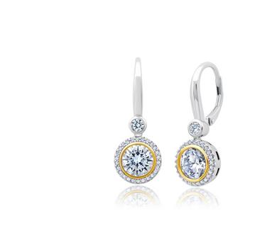 Two Tone Halo Leverback Earrings Finished in Platinum and Gold